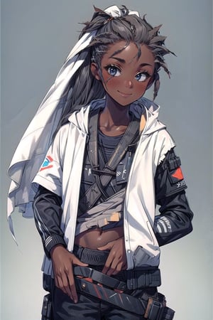 (masterpiece), (outline), best quality, 1girl, solo, dark skin, white background, apocalypse, torn clothes, dirty clothes, smile, Dark Fantasy,eexpr,post-apocalypic_fashion