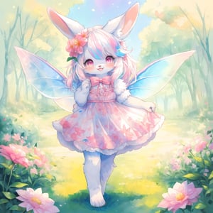 (masterpiece), (best quality), highres, highly detailed, watercolor, watercolor_art, traditional art, watercolor splashes, paintstrokes, furry, anthro, (Child character:1.5), 1girl, rabbit, rabbit girl, smile, translucent fairy-wings, iridescent wings, white hair, pink eyes, fluffy white fur, giant flowers, light flowery dress, barefoot, playful, dynamic movement,watercolor (medium), perfect hands,furry
