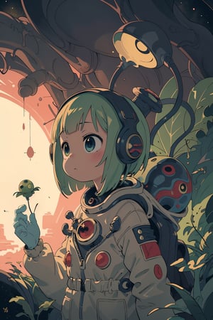 (masterpiece, best quality, highly detailed, ultra-detailed, intricate), cosmiclandscapes, alien landscape, retro, mysterious, alien plants, strange growths, 1girl, cute, spacesuit, exploring