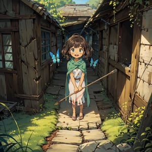 masterpiece, best quality, nice hands, view from above, 1 girl wearing tribal clothing, smile, open mouth, cloak, pack, staff, dark skin, dark brown hair, curly hair, short hair, messy hair, exploring the ruins of a building, apocalypse, overgrown, daytime, ghibli studio style,ghibli style,female, dark skin, birds, butterflies, squirrels,