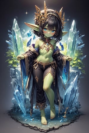 best quality,  extremely detailed, HD,  8k,  extremely intricate:1.3, nice hands, full_body, cute, goblin girl Pryzm Ul Rokka, mischievous smile, colored skin, green skin, (black hair, layered hair), crystal eyes, prismatic eyes, rainbow colored eyes, flat_chested, barefoot, pants laced up the sides, loose shirt, off the shoulder, (insanely detailed, beautiful detailed face, masterpiece, best quality) volumetric lighting, best quality, masterpiece, intricate details, tonemapping, sharp focus, hyper detailed,gl4ss,phcrystal
