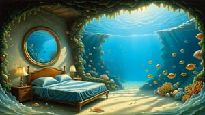 Surrealist art, (best quality, ultra-detailed, masterpiece), indoors, interior, inside, surrealism, gentle brushstrokes, solitary and tranquil, memories of life, sunken, bedroom made out of a seashell, ruins, submerged, window, potted corals, fish, pearls, ruins of a room, overgrown with seaweed, cave, volumetric lighting, deep shadows, Greg Rutkowski, Jacek Yerka, Vladimir Kush, Rob Gonsalves, surreal art, oil paint, surreal background,