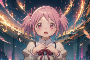 masterpiece, best quality, nice hands, perfect hands, 1 girl, (kaname_madoka_puellamagimadokamagica:1.15), pink_hair, short_hair, twintails, short_twintails, pink_eyes, ribbon, hair_ribbon, bow, blush, surprised, open mouth, dreamy, psychedelic, cinematic light, cinematic view, High detailed, Color magic,High detailed 