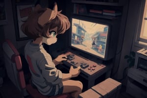 (masterpiece), best quality, (anthro, furry), (bobcat) girl, kawaii, cute, 90s, LOFI, light brown hair, very short hair, green eyes, brown fur, retro anime, lofi artstyle, loli, tomboy, gaming, console, NESStyle