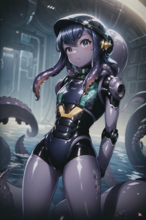 masterpiece, best quality, extremely detailed, HD, 8k, intricate, nice hands, octopus head, closeup, cute, octopus eyes, flat_chested, (colored skin,purple skin, head tentacles, tentacle hair), space helmet filled with water, no_humans,cyberpunk,mech suit