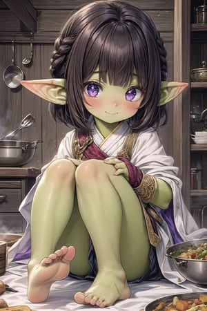 best quality, extremely detailed, HD, 8k, extremely intricate:1.3, (nice hands, perfect hands, perfect feet, perfect anatomy), full_body, cute, (goblin girl) Hira Ul Shava cooking a medieval feast, blush, shy smile, sad, ((colored skin, green skin)), (((short hair, dark hair, bob hairstyle))), sparkling eyes, purple eyes, purple adventurer tunic, barefoot, (wrapped ankles, wrapped wrists), (insanely detailed, beautiful detailed face, masterpiece, best quality), volumetric lighting, best quality, masterpiece, intricate details, tonemapping, sharp focus, hyper detailed,