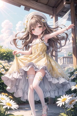 full_body, A girl embodying a mix of Northern European and Mediterranean ethnicities, showcasing her unique features. She has long, wavy (chestnut brown hair). A blend of innocence and elegance, characterized by her round, (dark brown eyes) and small smile. She has fair skin with a rosy undertone. She wears a beautiful ((yellow sun dress)) with intricate floral patterns, paired with white thigh-high stockings featuring adorable (daisy-shaped ruffles), and (blue sandals) adorned with floral embellishments. (daisy motif:1.3), (flowing dress:1.2), (delicate and graceful movements:1.3), (ethereal beauty:1.3), park, gazebo,