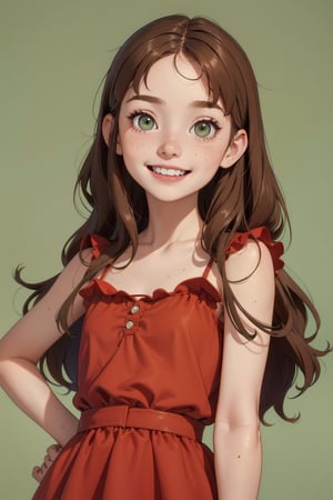 (best quality, masterpiece), cowboy_shot, 1girl, 12yo girl, solo, happy, smiling, crooked teeth, dimple, (hazel green eyes), brown hair, long hair, sidecut, freckles, red dress, AGE REGRESSION, CHILD,