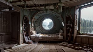 (masterpiece), best quality, indoors, bedroom, dreamy, no_humans, peaceful night, portal to another world, view of a moonlit lake, nature, forest, round doorway, fantasy,abandoned_style, brutaltech, overgrown