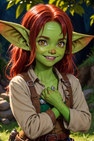 girl,((goblin girl)),pixar style,closeup,nice hands,perfect anatomy,cute,messy hair, (red hair, yellow eyes), ((colored skin, green skin)), smiling, cave, dim light, playful, round face, big eyes, tunic, stone ground, stone walls, dirty skin, dirty clothes, torn_clothes, steampunk,