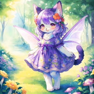 (masterpiece), (best quality), highres, highly detailed, watercolor, watercolor_art, traditional art, watercolor splashes, paintstrokes, furry, anthro, (Child character:1.5), 1girl, cat, cat girl, smile, translucent fairy-wings, iridescent wings, dark purple hair, yellow eyes, fluffy purple fur, giant flowers, giant mushroom, light flowery dress, barefoot, playful, dynamic movement,watercolor (medium), perfect hands,furry
