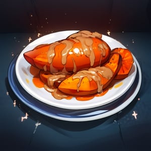 ultra detailed, hyperrealistic, vector illustration depicting a rustic plate of baked sweet potatoes, The sweet potatoes must be creatively detailed, featuring dark brown cinnamon drizzle. exude the desired aesthetic, food porn, beautiful, shiny, sparkles, magic, col