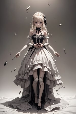 (hi res), (masterpiece), (best quality), (nice hands), ball-jointed doll, BJD, segmented joints, porcelain doll, lolita dress, (cracked skin, shattered skin, fractured skin, broken skin), sad, low lighting, full_body,