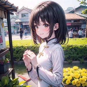 (masterpiece), best quality, (nice hands, perfect hands), vnbeauty, girl with bright sun behind her, smile, ao dai, black hair, brown eyes, sunny, after rain, running, vietnamese market, cuteloli