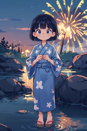 nice hands, perfect hands, 1girl, solo, pale, white skin, bluish_black_hair, bob_cut, straight hair, blunt bangs, dark_blue_eyes, flat_chested, yukata, geta, nighttime, fireworks, (full_body), (masterpiece:1.2), (best quality, highest quality), (ultra detailed), (8k, 4k, intricate), (50mm), (highly detailed:1.2),(detailed face:1.2), detailed_eyes,(gradients),(ambient light:1.3),(cinematic composition:1.3),(HDR:1),Accent Lighting,extremely detailed,original, highres,(perfect_anatomy:1.2),