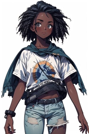 (masterpiece), (outline), best quality, 1girl, solo, dark skin, white background, apocalypse, torn clothes, dirty clothes, Dark Fantasy