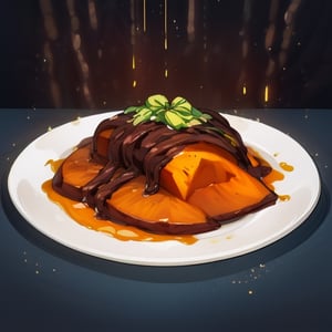 ultra detailed, hyperrealistic, vector illustration depicting a rustic plate of baked sweet potatoes, The sweet potatoes must be creatively detailed, featuring (dark brown) cinnamon drizzle. exude the desired aesthetic, food porn, beautiful, shiny, sparkles, magic, col