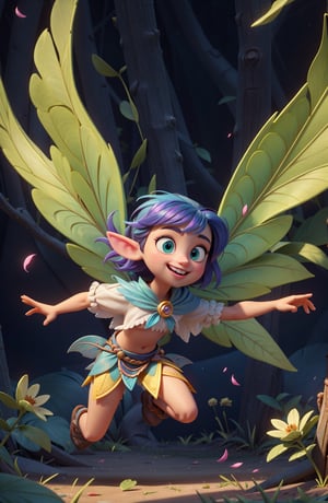 (Child character:1.2), cute, smiling, innocent, transparent iridescent wings, pointy ears, large hazel-green eyes, sparkling_eyes, messy hair, tousled hair, forest, dressed in leaves and flower petals, loincloth, (masterpiece, best quality), 3d cartoon, extremely detailed, dynamic angle, fairy, pixar style, baby face,DonMF41ryW1ng5,DonML34f,organic,playful, dynamic movement