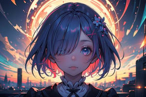 masterpiece, best quality, 1 girl, rem, hair over one eye, short hair, dreamy, psychedelic, cinematic light, cinematic view, High detailed, Color magic,High detailed 