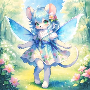 (masterpiece), (best quality), highres, highly detailed, watercolor, watercolor_art, traditional art, watercolor splashes, paintstrokes, furry, anthro, (Child character:1.5), 1girl, mouse, mouse girl, smile, translucent fairy-wings, iridescent wings, blue hair, green eyes, fluffy white fur, giant flowers, light flowery dress, barefoot, playful, dynamic movement,watercolor (medium), perfect hands,furry