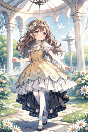 full_body, A girl embodying a mix of Northern European and Mediterranean ethnicities, showcasing her unique features. She has long, wavy (chestnut brown hair). A blend of innocence and elegance, characterized by her round, (dark brown eyes) and small smile. She has fair skin with a rosy undertone. She wears a beautiful ((yellow sun dress)) with intricate floral patterns, paired with white thigh-high stockings featuring adorable (daisy-shaped ruffles), and (blue sandals) adorned with floral embellishments. (daisy motif:1.3), (flowing dress:1.2), (delicate and graceful movements:1.3), (ethereal beauty:1.3),watercolor, park, gazebo