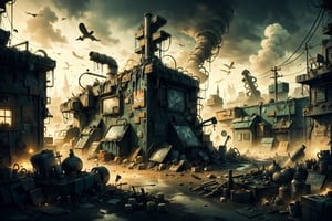 DonMCr33pyN1ghtm4r3, ToxicPunkAI, post-apocalyptic, landscape, junkyard town, detailed, intricate,