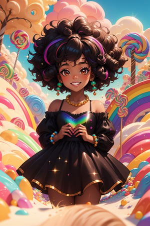 (black girl,curly afro,young girl,child),candyland, smile, brown eyes, (shiny), cute, dreamy, colorful, vivid, full background, perfect hands, (depth of field), rainbow, glitter, scenery, (shiny:1.2), various colors, (gradients), focus face, beads,