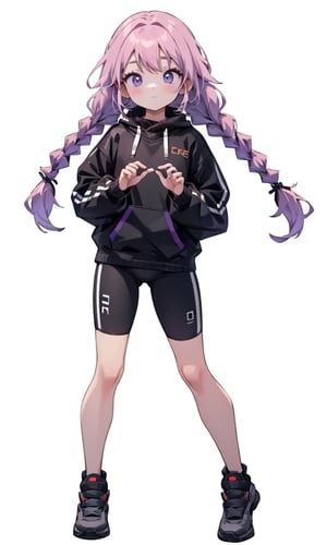 nice hands, perfect hands, 1girl, cute, light skin, lilac hair, twin braids, very_long_hair, sidelocks, purple eyes, flat_chested, tiny_girl, child, oversized_sweater, bike_shorts, (full_body), standing, (((white background))),(cool_pose:1.2),(masterpiece:1.2), (best quality, highest quality), (ultra detailed), (8k, 4k, intricate), (50mm), (highly detailed:1.2),(detailed face:1.2), detailed_eyes,(gradients),(ambient light:1.3),(cinematic composition:1.3),(HDR:1),Accent Lighting,extremely detailed,original, highres,(perfect_anatomy:1.2),twin braids