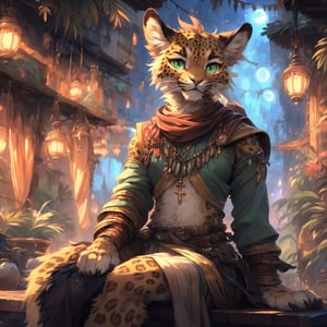 by kenket, by celestespaniel, by bonifasko, by teranen, by skeleion, by black-kalak, portrait, (Highest Quality, 4k, masterpiece, Amazing Details:1.1), 1other, solo, ((anthro, furry, kemono, leopard)), tabaxi street urchin, androgynous, beautiful, feminine, pretty, realistic fur, golden fur, detailed fur texture, (flat_chested), light green eyes, wearing a dhoti and saree, Shallow Depth of Field, thin eyebrows, no_hair, bald, smile, flirtatious, sitting, paws, key visual, vibrant, studio anime,furry,FurryCore,Night scene