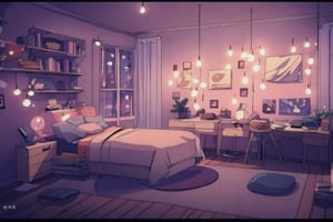 (masterpiece), best quality, scenery, indoors, bedroom, cassette player, bed, window, desk, curtain, beanbag chair, lava lamp, polaroids, kawaii, cute, girly decorations, dreamy colors, 90s, LOFI, retro anime, lofi artstyle,retro artstyle, no_humans, bokeh, simple background, anime_screencap,