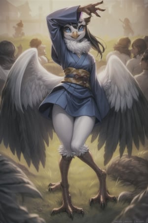 (masterpiece:1.2), (best quality, highest quality), (ultra detailed), 1girl, ((anthro, furry, kemono)), (barn swallow, barn swallow girl, bird girl, white skin, navyblue hair), ((drooping wings on head)), (bobbed hair, a-line bob, feather hair), ((lower body of bird, bird leg anatomy, short thighs, long feet, talons)), (((red circle painted on forehead))), (blue eyes, flat chest), (alien clothes), short kimono style, (8k, 4k, intricate), (50mm), (highly detailed:1.2),(detailed face:1.2), detailed_eyes,(gradients),(ambient light:1.3),(cinematic composition:1.3),(HDR:1),Accent Lighting,extremely detailed,original, highres,(perfect_anatomy:1.2), no humans,alien planet scene