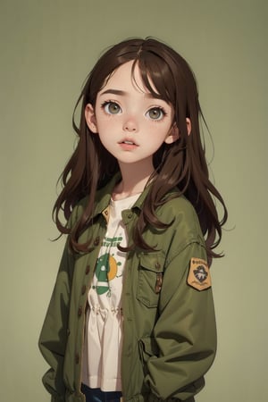 (best quality, masterpiece), cowboy_shot, 1girl, 12yo girl, solo, hazel eyes, brown hair, long hair, sidepart, freckles, green canvas jacket, AGE REGRESSION, CHILD, OVERSIZED CLOTHES