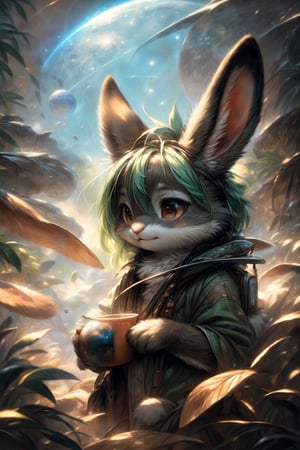by kenket, by totesfleisch8, (by thebigslick, by silverfox5213:0.8), (by syuro:0.2), (by qupostuv35:1.2), (hi res), ((masterpiece)), ((best quality)), illustration,(anthro,furry,kemono),bunny,rabbit,animal ears, body fur,1girl,solo,planet earth in the sky,brown fur,((green hair)),brown eyes,green dress, greenhouse,moonflowers,exposure blend, medium shot, bokeh, furry rabbit nose, (hdr:1.4), high contrast, (cinematic, green and brown:0.85), (muted colors, dim colors, soothing tones:1.3), low saturation, (hyperdetailed:1.2), (noir:0.4),FurryCore