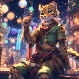 portrait, (Highest Quality, 4k, masterpiece, Amazing Details:1.1), 1other, solo, ((anthro, furry, kemono, leopard)), tabaxi street urchin, androgynous, beautiful, feminine, pretty, realistic fur, golden fur, detailed fur texture, (flat_chested), light green eyes, wearing a dhoti and saree, Shallow Depth of Field, thin eyebrows, no_hair, bald, fangs, smile, sitting, paws, key visual, vibrant, studio anime,furry,FurryCore,Night scene