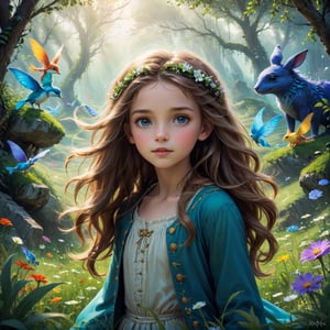 Create an enchanting and whimsical image of a pretty young girl with flowing locks, exploring the magical realm of Neverland. Picture her in a vibrant meadow surrounded by fantastical creatures, lost in this timeless and dreamlike world. Capture the essence of innocence, fear, and the endless obstacles that unfold in the encasing landscapes of Neverland. | stunning detail, creative, cinematic, amazing composition, elegant, calm, fascinating, highly detailed, intricate, dynamic, beautiful, positive light, cute, engaging, new, enhanced,EpicLand,oil paint,6000,ruins,