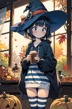 masterpiece, best quality, nice hands, perfect hands, 1 girl, pale, white skin, bluish_black_hair, bob_cut, straight hair, blunt bangs, dark_blue_eyes, black eyes, flat_chested, halloween striped thighhighs, witch hat, hoodie, shy, blush, animal, cat, cozy, fall, autumn, coffee, falling leaves, pumpkins, blanket, clutter, window, ghibli studio style,ghibli style, cinematic light, cinematic view, High detailed,