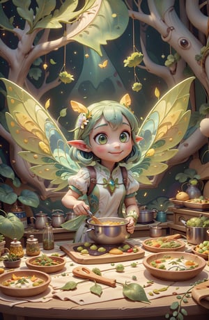 cute, smiling, innocent, transparent iridescent wings, pointy ears, large hazel-green eyes, sparkling_eyes, forest, dressed in leaves and flower petals, (cooking a vegan meal), (masterpiece, best quality), 3d cartoon, extremely detailed, dynamic angle, fairy, moth_wings, pixar style, baby face,DonMF41ryW1ng5,DonML34f,organic,