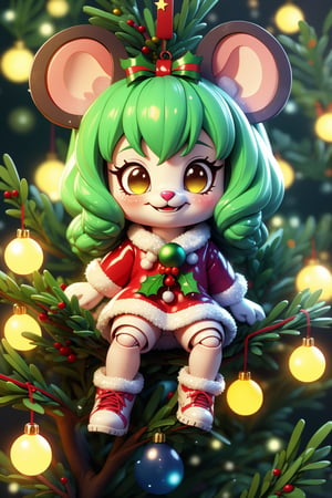 (Child character:1.2), candyland, doll joints, mini_girl, anthro, furry, kemono, ((mouse girl)), smile, (climbing the branches of a christmas tree), multicolored christmas lights, ornaments, (shiny), cute, dreamy, colorful, full background, perfect hands, (depth of field), rainbow, glitter, scenery, (shiny:1.2), various colors, (gradients), focus face, beads, 