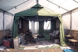 (masterpiece, best quality), (background, indoors), inside tent, medical tent, post-apocalypic, empty, abandoned_style, (no_humans, no_people)