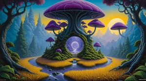 Surrealist art, (best quality, ultra-detailed, masterpiece), surrealism, nature, alcove, forest, purple grass, alien landscape, greg rutkowski,Jacek Yerka,Vladimir Kush,Rob Gonsalves,surreal art,oil paint, surreal background,greg rutkowski