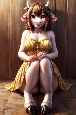 (masterpiece, best quality, highres:1.3), ultra resolution image, nice hands, perfect anatomy, anthro, furry, kemono, 1girl, kawaii, beautiful, plump, cow, cow girl, brown and white fur, hooves, cow tail, cow ears, (cow nose, cow lips), brown hair, (brown eyes), cottagecore, yellow dress with daisy pattern