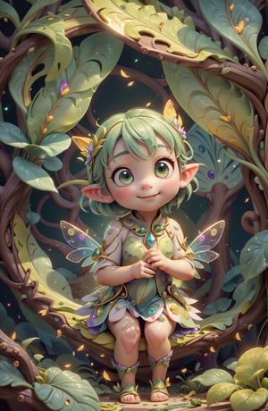 cute, smiling, innocent, transparent iridescent wings, pointy ears, large hazel-green eyes, sparkling_eyes , forest, dressed in leaves and flower petals, (masterpiece, best quality), 3d cartoon, extremely detailed, dynamic angle, fairy, moth_wings, pixar style, baby face,DonMF41ryW1ng5,DonML34f,organic,baby face