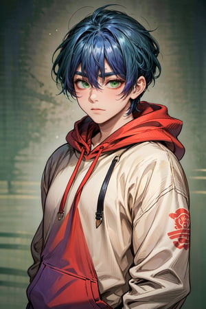 Realistic, (Handsome Man),russian-uzbek mixed, 1boy, solo, slight smile, (((green eyes))), harajuku wolf cut hairstyle, medium length hair, ((bangs, hair between eyes)), (((blue hair:0.7, purple hair:0.3, gradient hair))), greasy hair, oily hair, thick eyebrows, bushy eyebrows, black eyebrows, ((red hoodie)), dirty clothes,