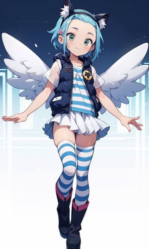 nice hands, perfect hands, 1girl, peach skin, bright blue hair, short_bowl_cut, no_bangs, forehead, headband, bangs pulled back by hairband, sidelocks, green eyes, flat_chested, ((blue and white striped thighhighs)), ((pink puffer vest)), skirt, platform_boots, genki, blush_stickers, smiling, (cat_ear_headband), fake angel wings, (full_body), standing, (white background),(dynamic_pose:1.2),(masterpiece:1.2), (best quality, highest quality), (ultra detailed), (8k, 4k, intricate), (50mm), (highly detailed:1.2),(detailed face:1.2), detailed_eyes,(gradients),(ambient light:1.3),(cinematic composition:1.3),(HDR:1),Accent Lighting,extremely detailed,original, highres,(perfect_anatomy:1.2),Ritsu hair