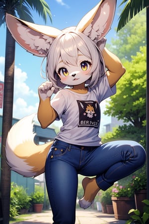 masterpiece, best quality, animal ears, tail, furry, solo, furry female, 1girl, fennec, child, tshirt, jeans,dynamic pose,barefoot,