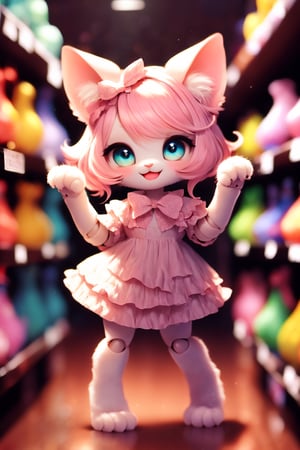 (Masterpiece, best quality:1.3), highly detailed, fantasy, (centered:1.3), 8k, dynamic, full body, 1girl, anthro, furry, solo, baby face, cute, smile, (doll joints:1.3), (detailed eyes, detailed face), layered dress, lace, frills, (((on a store shelf full of toys))), (details), perfect, beautiful, dreamy, colorful, vivid, cinematic, ultra-detailed, perfect hands, (depth of field), (light blush), various colors, pastel colors, (gradients), bloom:0.2, shadow, sharp focus, cat,