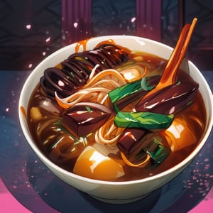 ultra detailed, hyperrealistic, vector illustration depicting a rustic bowl of jjajangmyeon, The jjajangmyeon must be creatively detailed. exude the desired aesthetic, food porn, beautiful, shiny, sparkles, magic, col
