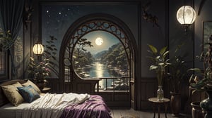 (masterpiece), best quality, indoors, bedroom, dreamy, no_humans, peaceful night, portal to another world, view of a moonlit lake, nature, forest, round doorway, fluttering curtains, fantasy, art_nouveau architecture, Art Nouveau by Alphonse Mucha,