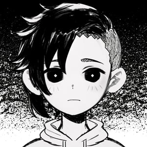 masterpiece, best quality, black and white, noise, black and white background, monochrome, headshot, 1other, ((high fade, undercut, sidecut)), black hair, emotionless, hoodie, omori,