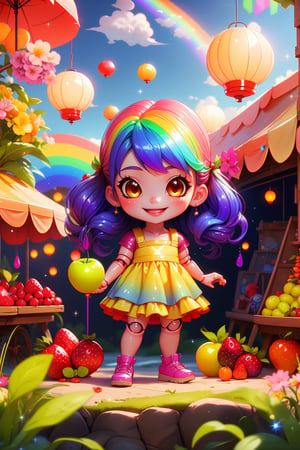 (Child character:1.2), (doll joints), mini_girl, smile, (summer fruit market), sundress, lanterns, tents, umbrellas, pose, (shiny), cute, dreamy, colorful, full background, perfect hands, (depth of field), rainbow, glitter, scenery, (shiny:1.2), various colors, (gradients), focus face,